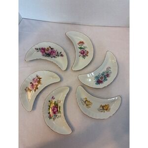 Vintage Floral Bone China Crescent Bone Dishes Gold Trim Set of 6 Mixed Florals